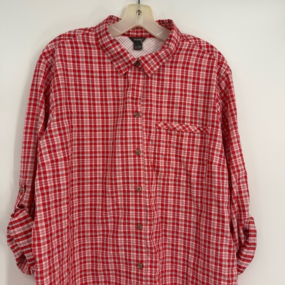 Eddie Bauer Women’s Nylon Camp Shirt Size 2X Red Plaid Roll Tab Button Up - Picture 4 of 9